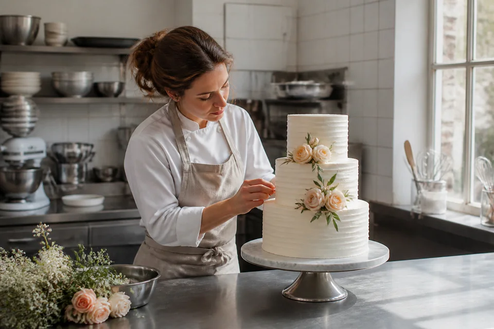 Gâteau de mariage préparé dans un atelier — illustration générée par IA