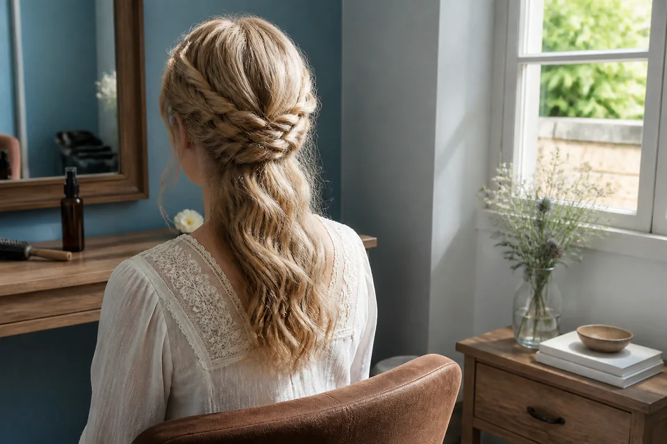Coiffure de cérémonie vue pendant la préparation — illustration générée par IA