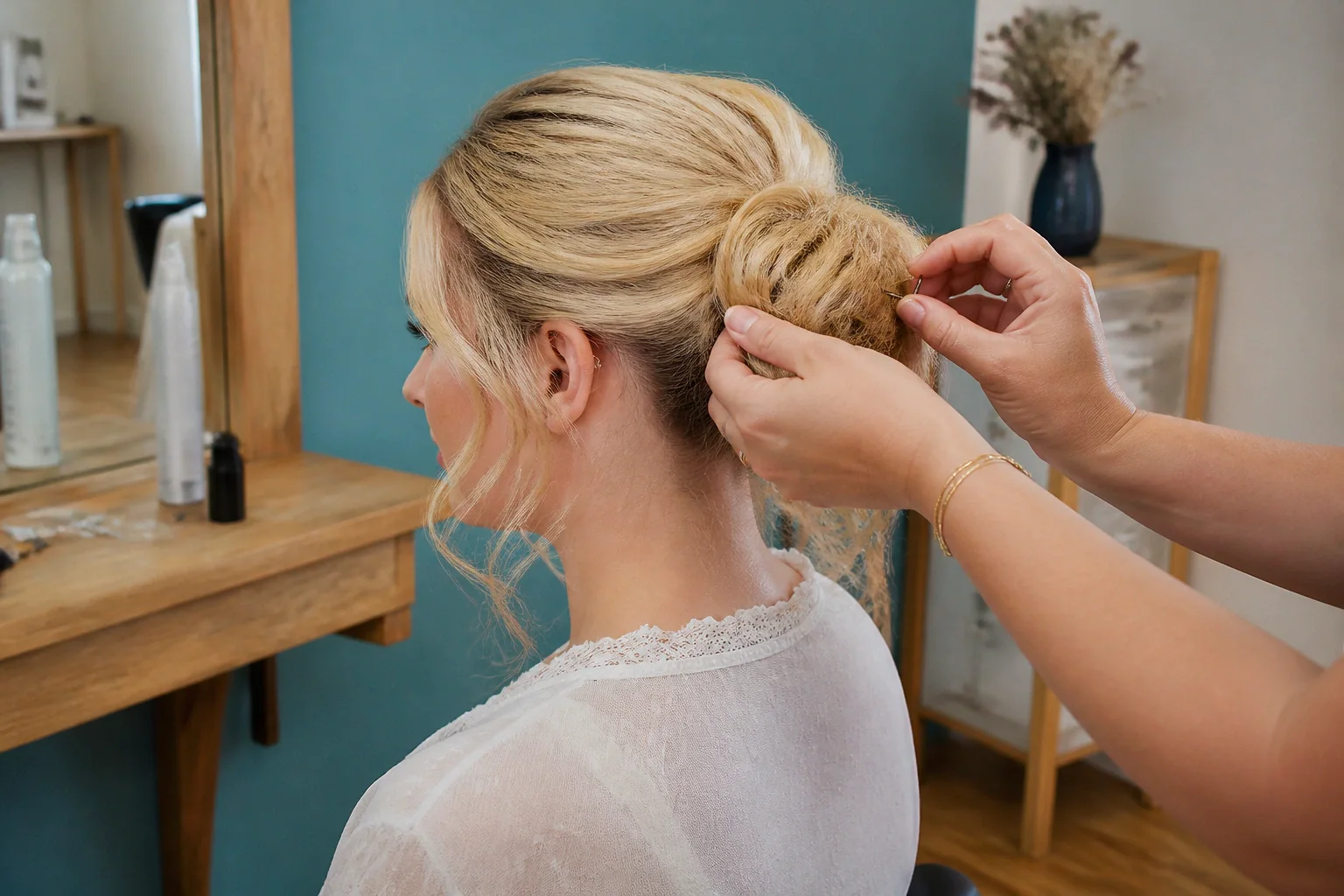 Coiffure de cérémonie vue pendant la préparation — illustration générée par IA