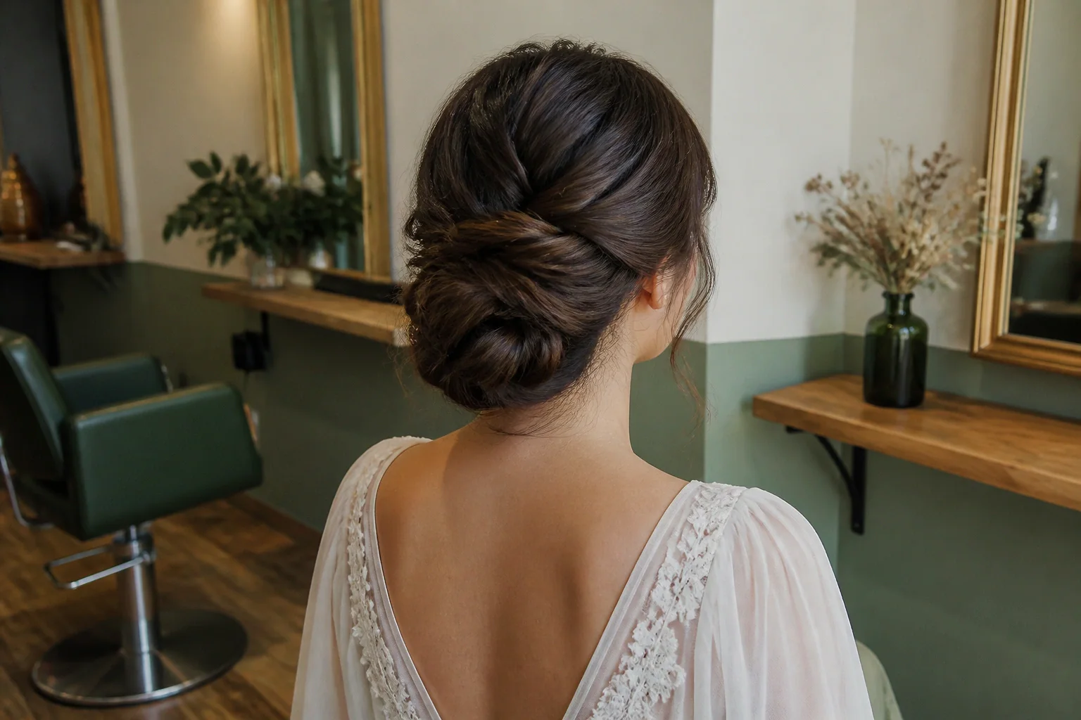 Coiffure de cérémonie vue pendant la préparation — illustration générée par IA