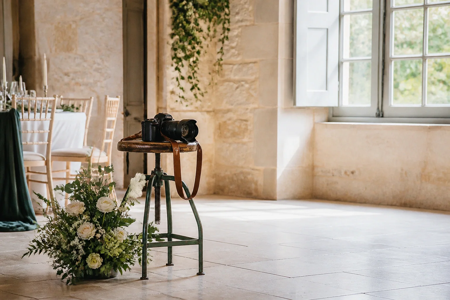 Appareil photo et accessoires de reportage de mariage — illustration générée par IA