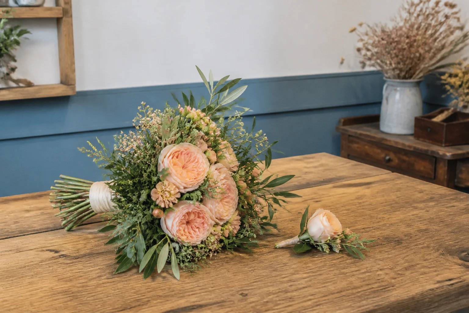 Préparation florale pour un mariage — illustration générée par IA