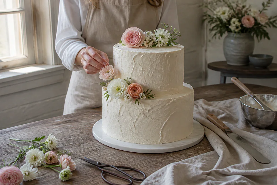 Gâteau de mariage préparé dans un atelier — illustration générée par IA