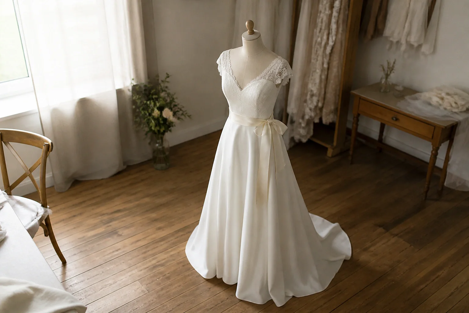 Robe de mariée dans un atelier de confection — illustration générée par IA