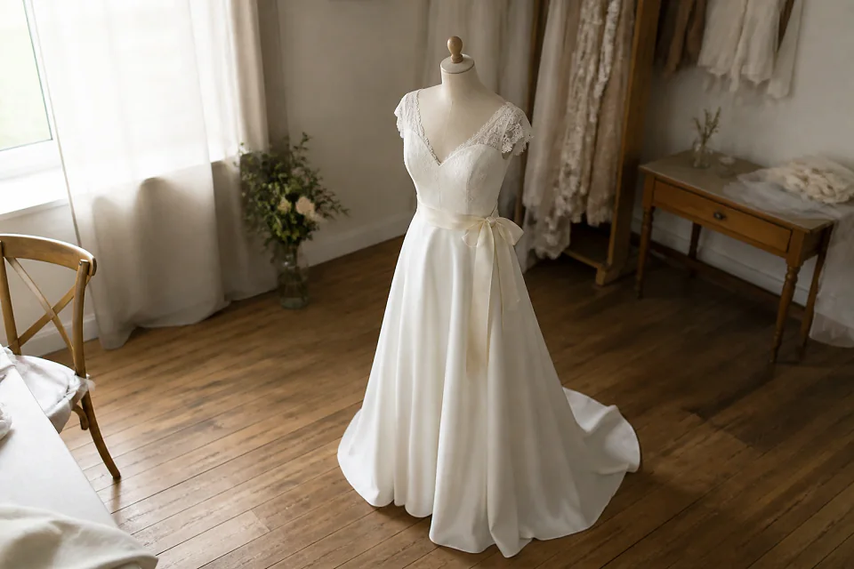 Robe de mariée dans un atelier de confection — illustration générée par IA