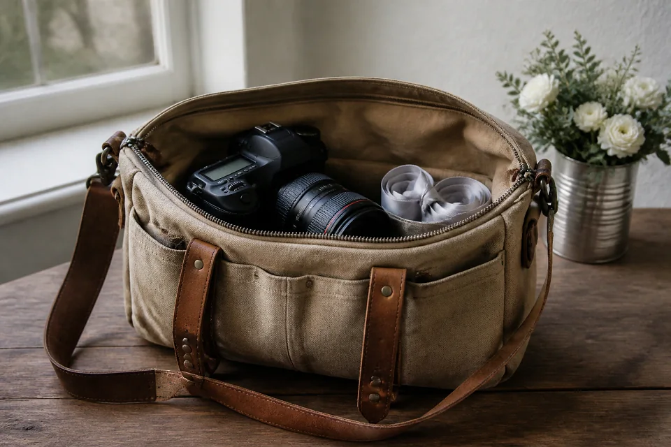 Appareil photo et accessoires de reportage de mariage — illustration générée par IA