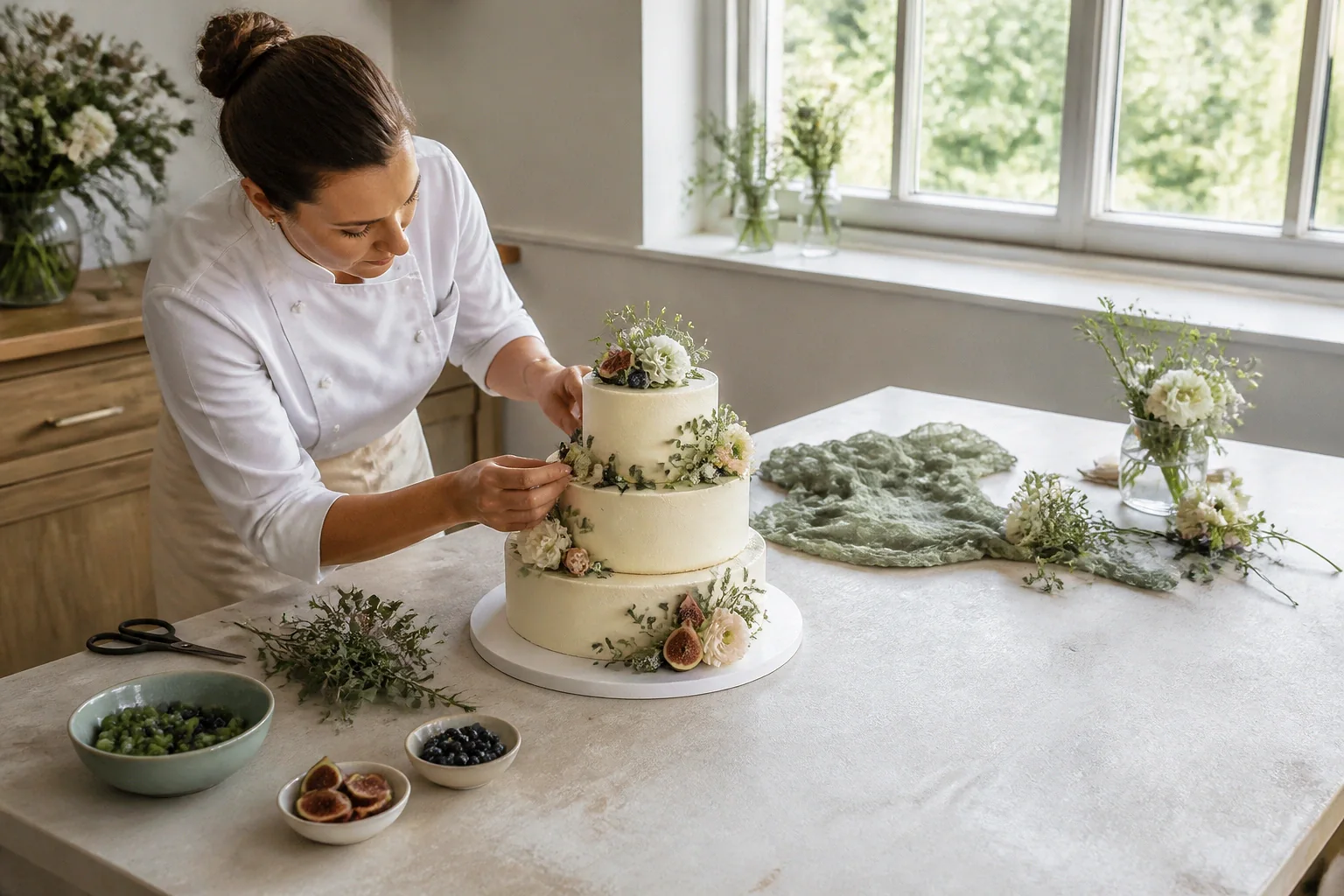 Gâteau de mariage préparé dans un atelier — illustration générée par IA