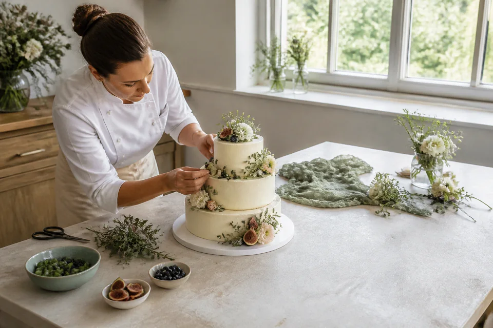Gâteau de mariage préparé dans un atelier — illustration générée par IA