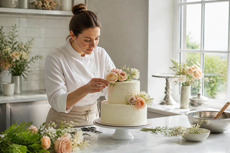 Gâteau de mariage préparé dans un atelier — illustration générée par IA