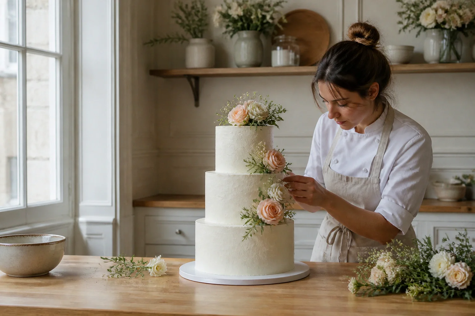 Gâteau de mariage préparé dans un atelier — illustration générée par IA