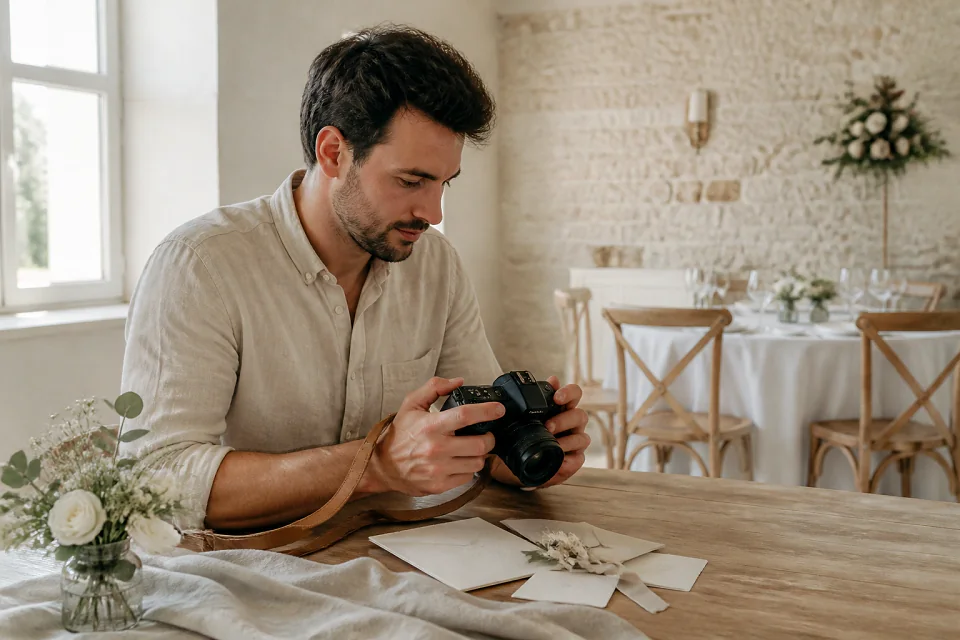 Appareil photo et accessoires de reportage de mariage — illustration générée par IA
