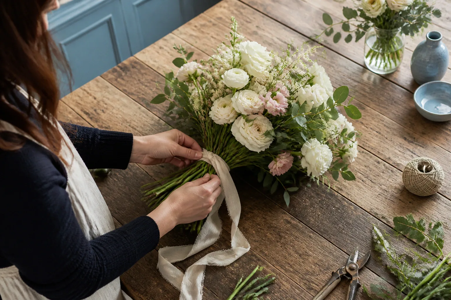Préparation florale pour un mariage — illustration générée par IA