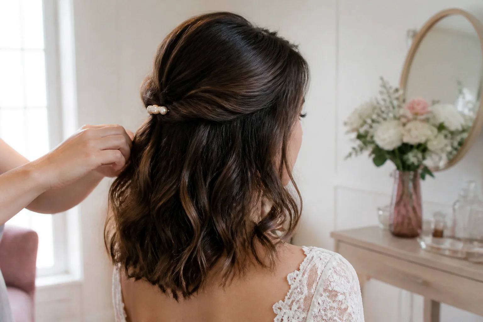 Coiffure de cérémonie vue pendant la préparation — illustration générée par IA