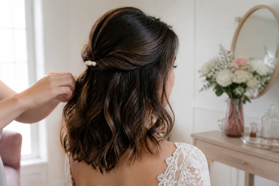 Coiffure de cérémonie vue pendant la préparation — illustration générée par IA