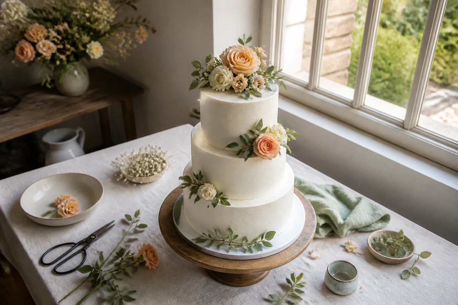 Gâteau de mariage préparé dans un atelier — illustration générée par IA
