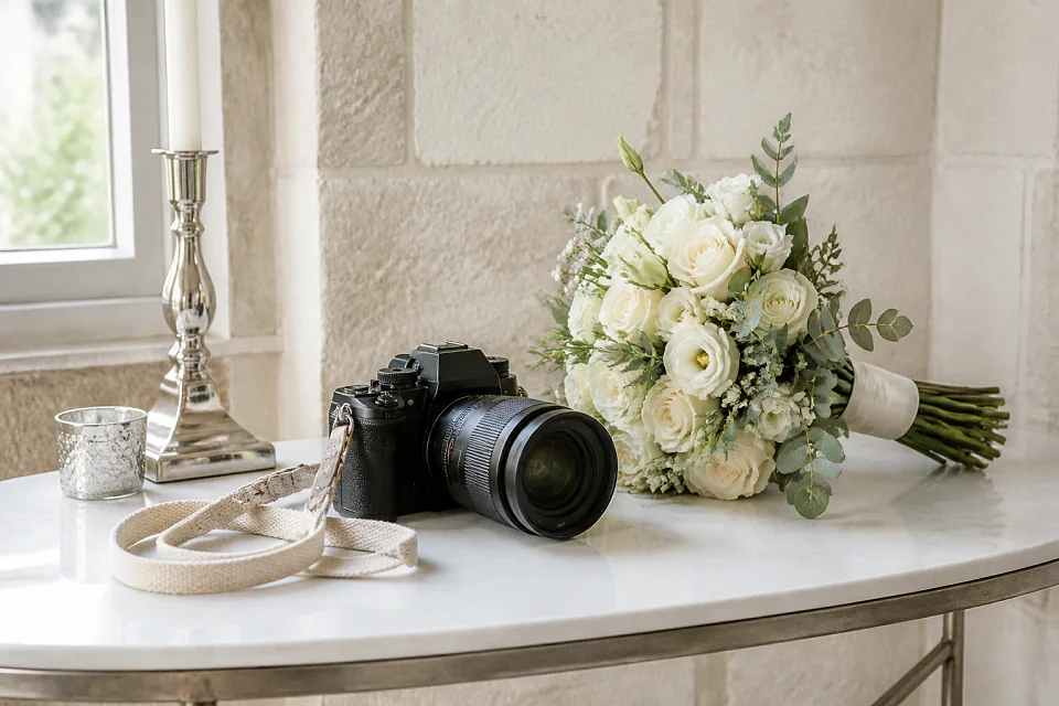 Appareil photo et accessoires de reportage de mariage — illustration générée par IA