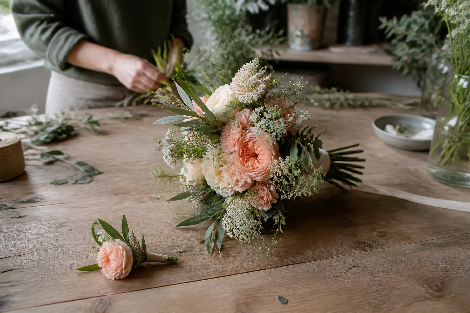 Préparation florale pour un mariage — illustration générée par IA