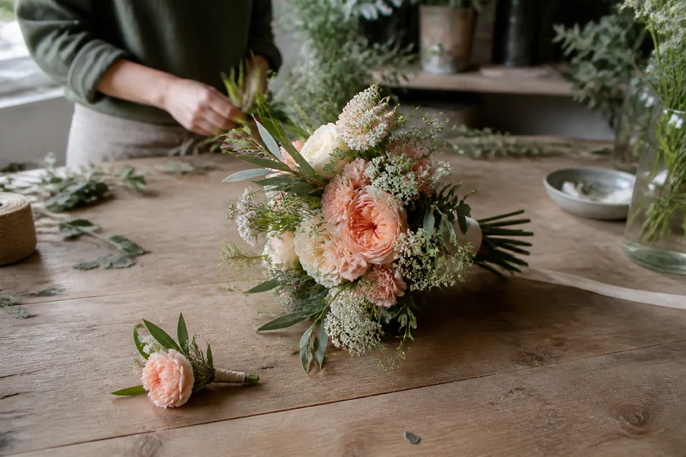 Préparation florale pour un mariage — illustration générée par IA