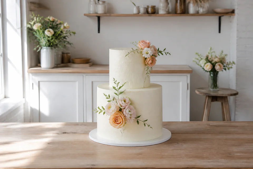 Gâteau de mariage préparé dans un atelier — illustration générée par IA
