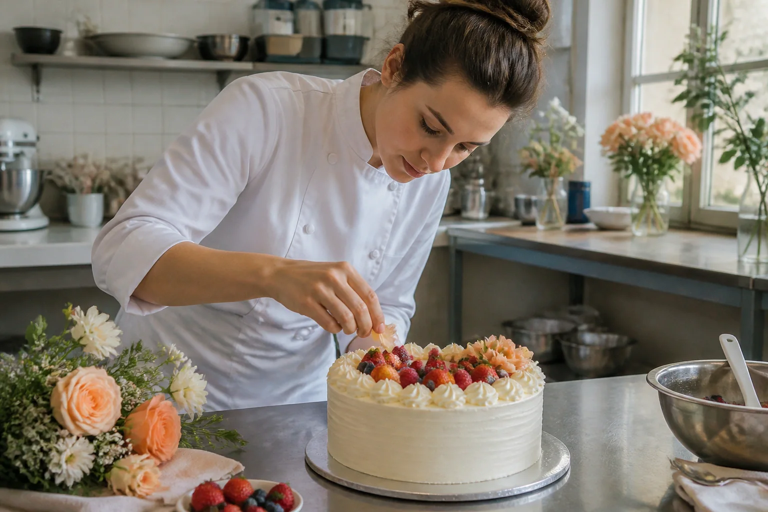 Gâteau de mariage préparé dans un atelier — illustration générée par IA