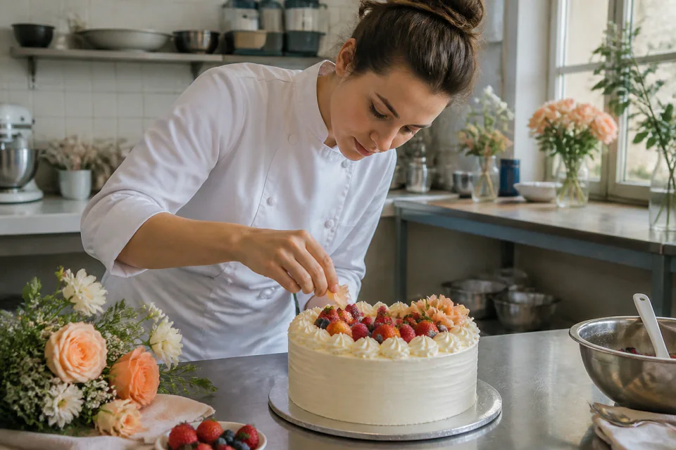 Gâteau de mariage préparé dans un atelier — illustration générée par IA