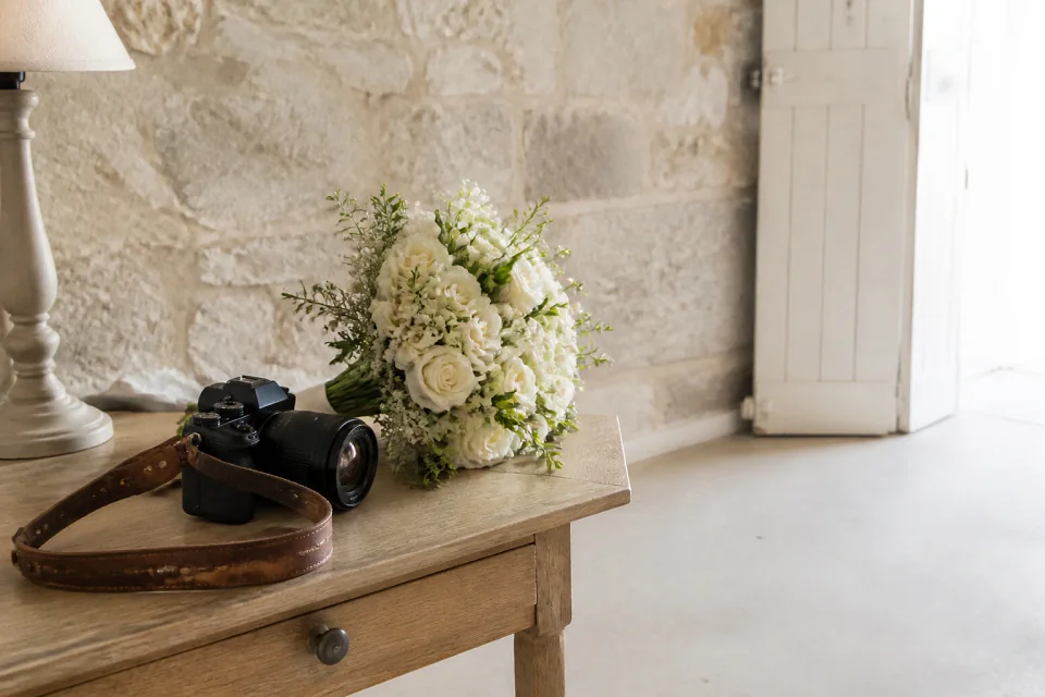 Appareil photo et accessoires de reportage de mariage — illustration générée par IA
