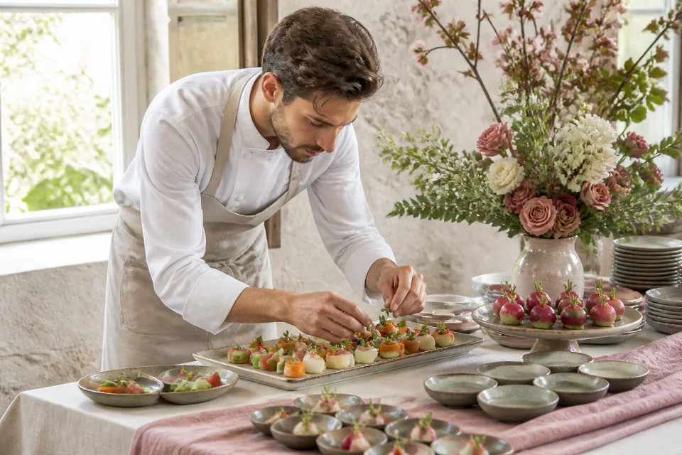 Préparations salées pour un cocktail de mariage — illustration générée par IA