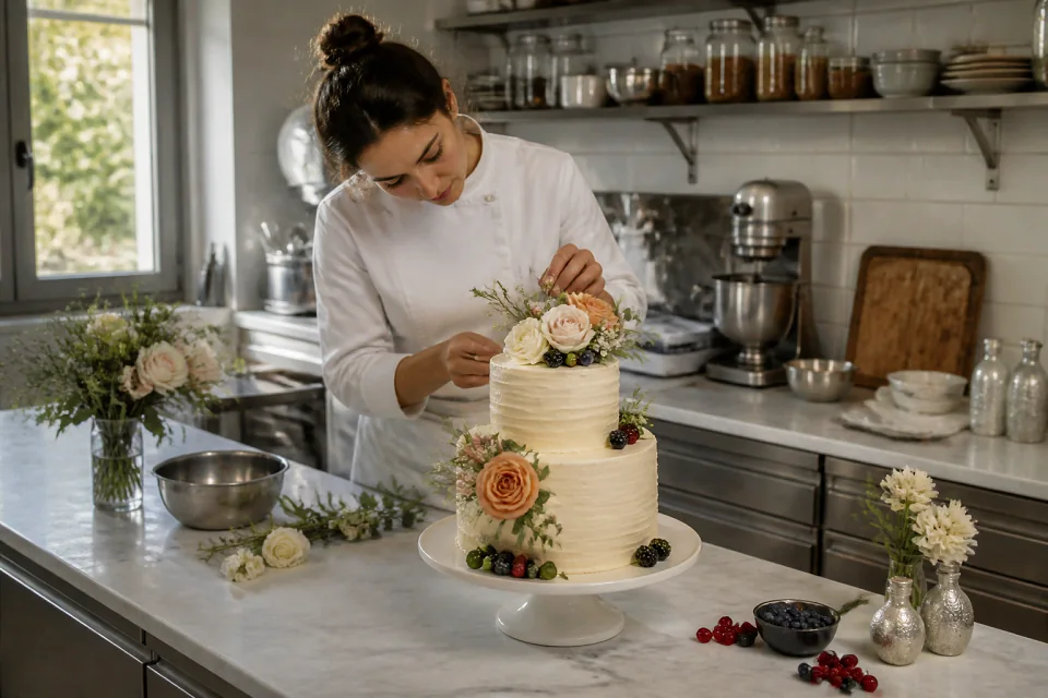 Gâteau de mariage préparé dans un atelier — illustration générée par IA