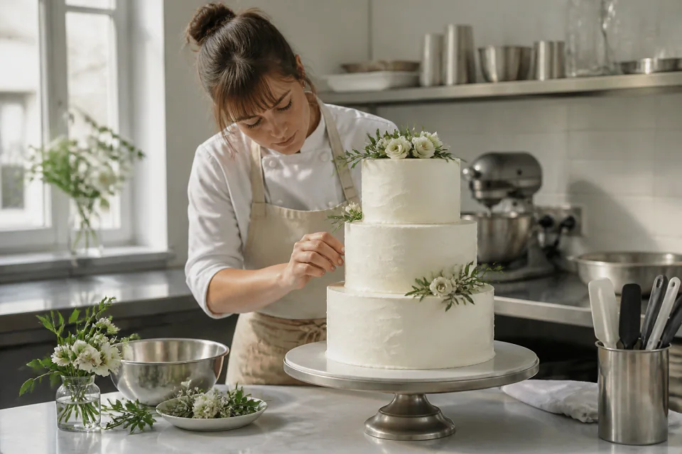 Gâteau de mariage préparé dans un atelier — illustration générée par IA