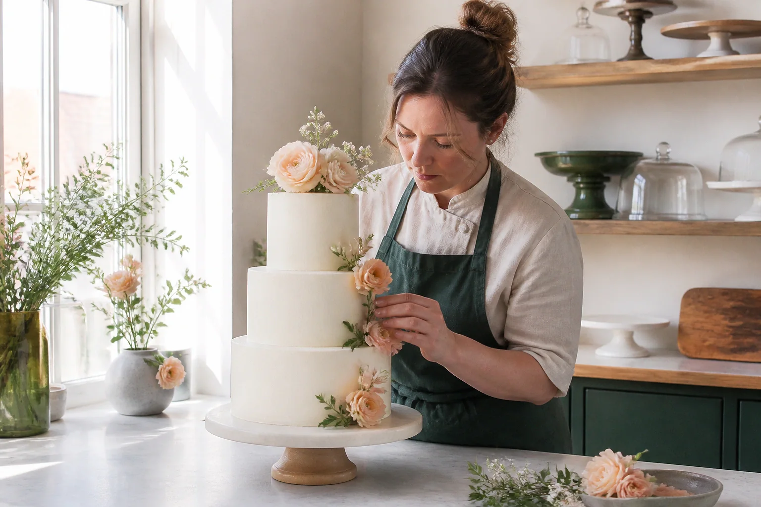 Gâteau de mariage préparé dans un atelier — illustration générée par IA