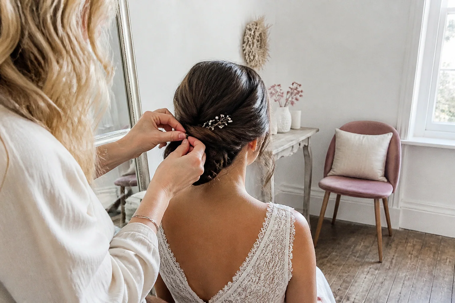 Coiffure de cérémonie vue pendant la préparation — illustration générée par IA