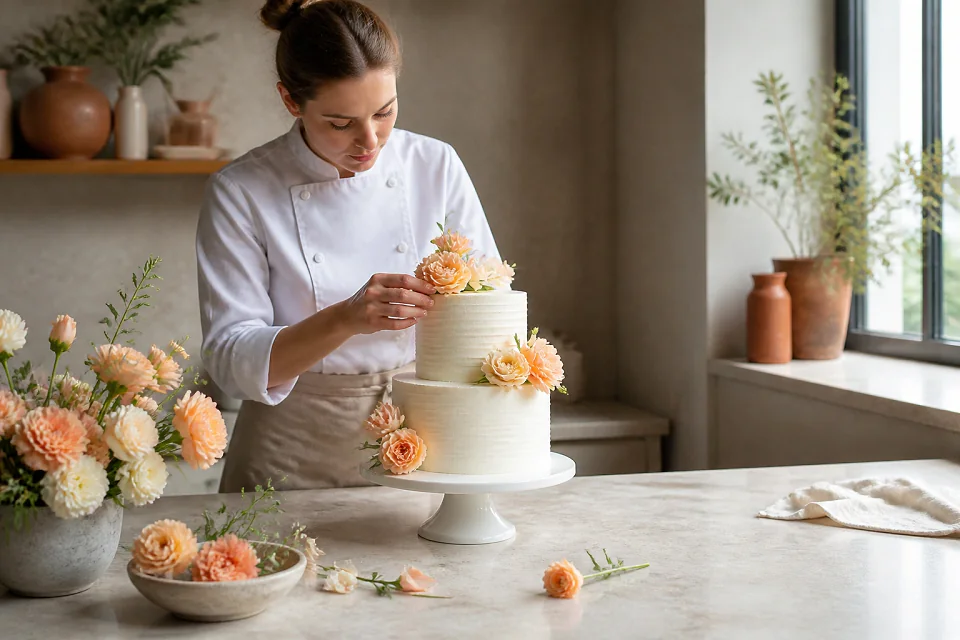 Gâteau de mariage préparé dans un atelier — illustration générée par IA