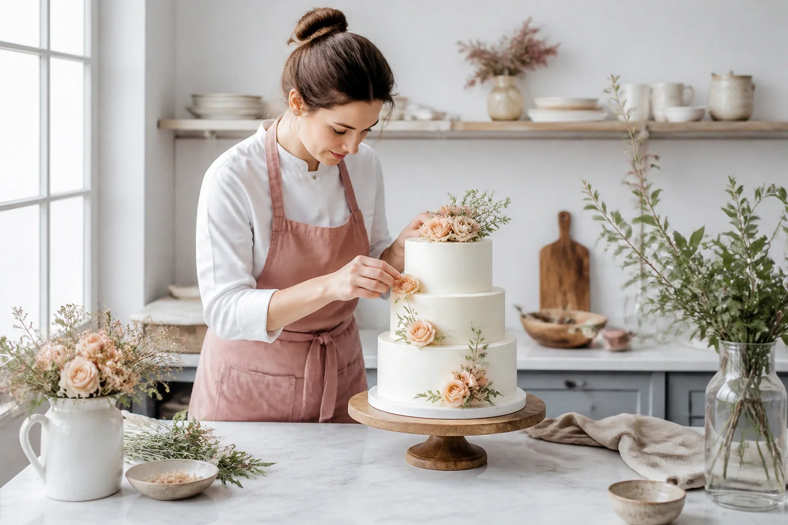Gâteau de mariage préparé dans un atelier — illustration générée par IA