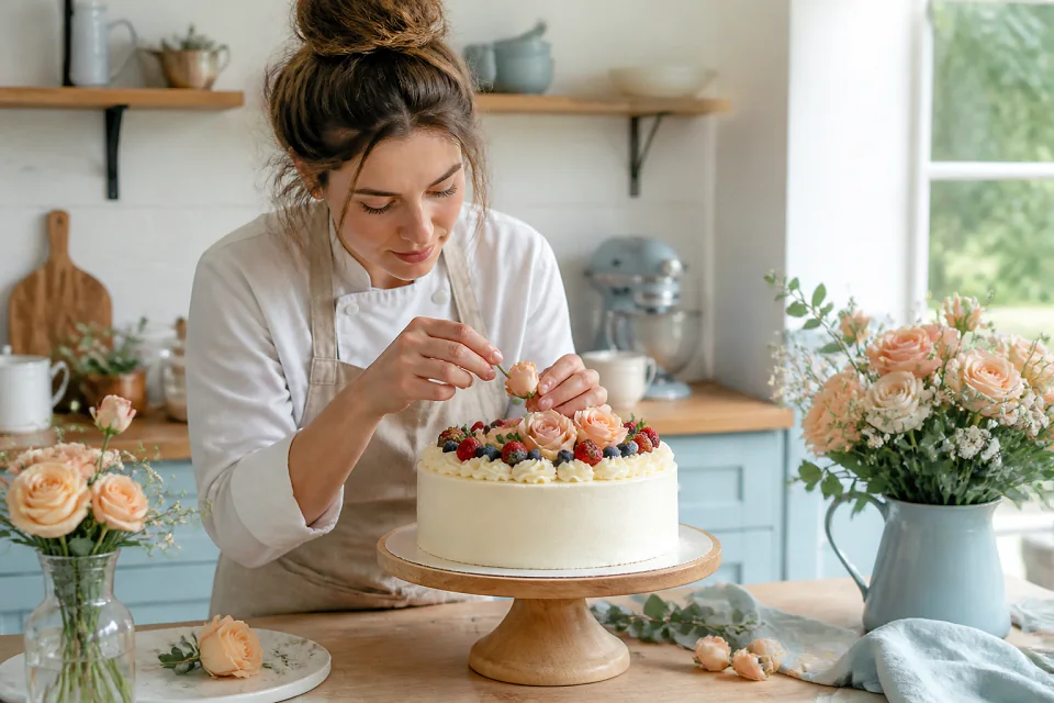 Gâteau de mariage préparé dans un atelier — illustration générée par IA