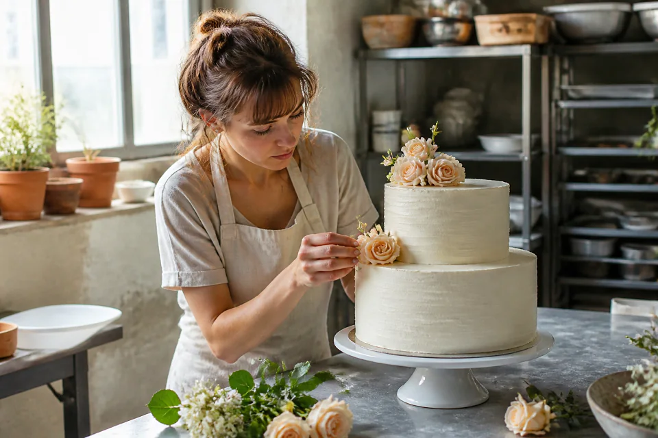 Gâteau de mariage préparé dans un atelier — illustration générée par IA