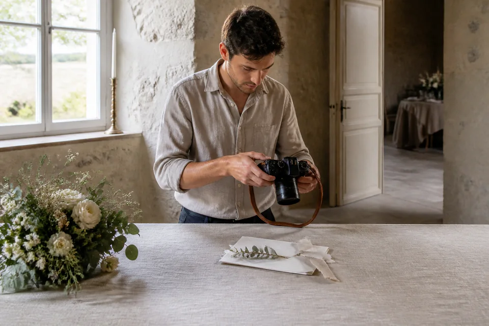 Appareil photo et accessoires de reportage de mariage — illustration générée par IA