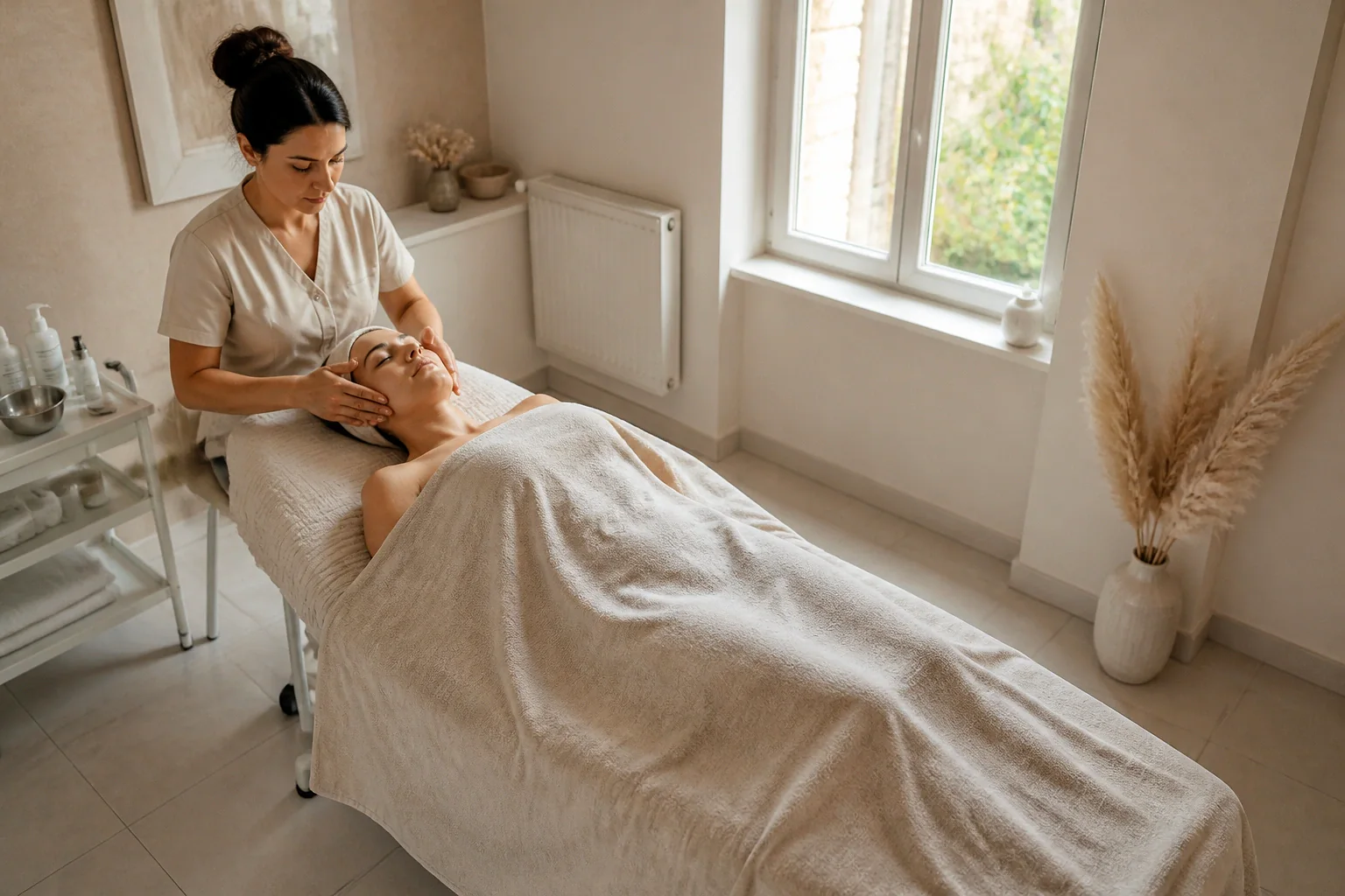 Préparation de soins esthétiques avant un mariage — illustration générée par IA