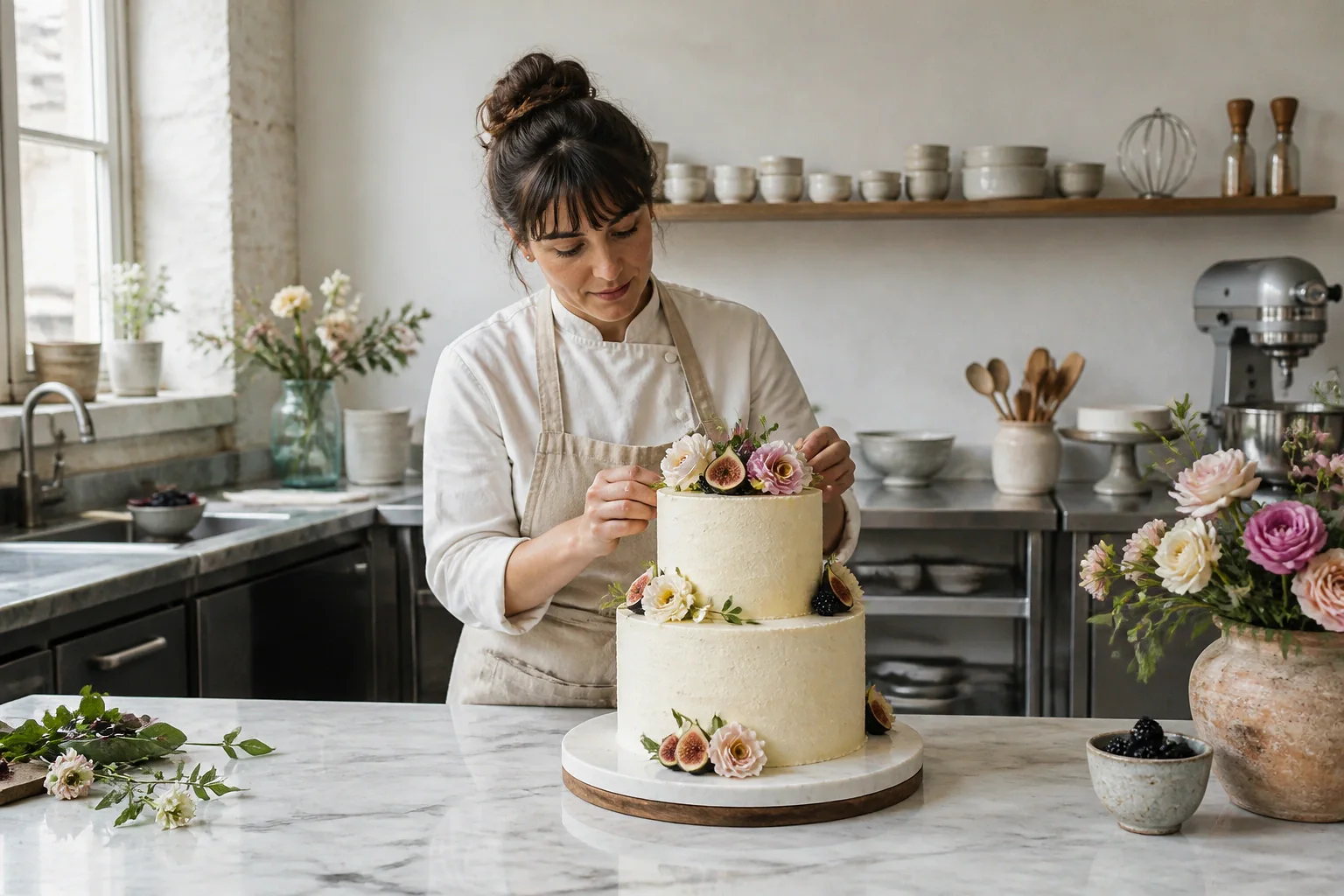 Gâteau de mariage préparé dans un atelier — illustration générée par IA
