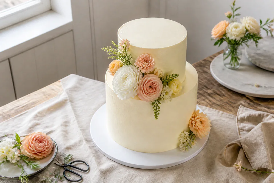 Gâteau de mariage préparé dans un atelier — illustration générée par IA