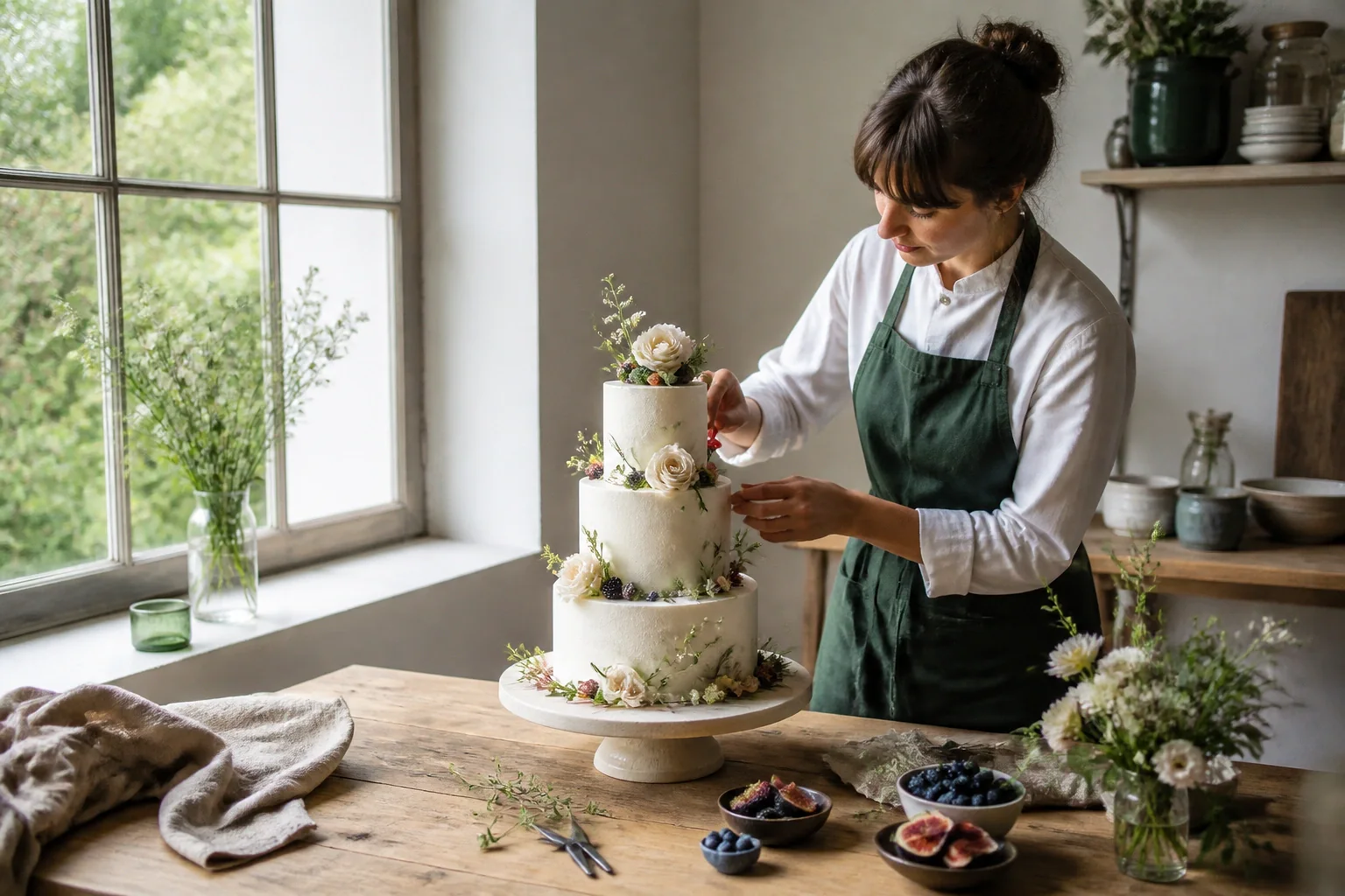Gâteau de mariage préparé dans un atelier — illustration générée par IA