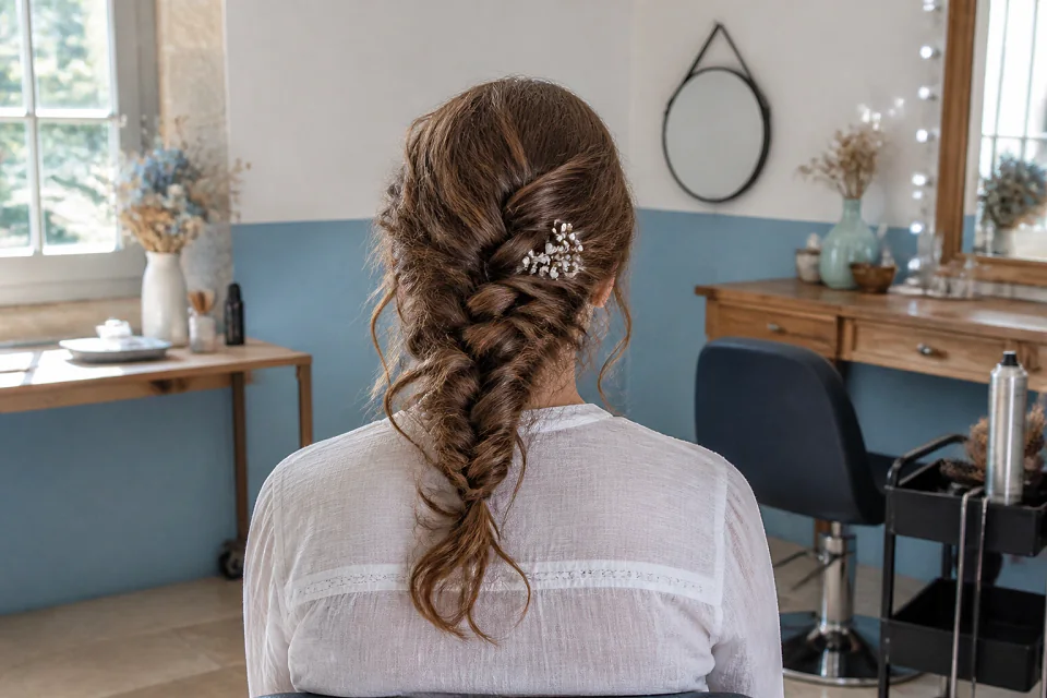 Coiffure de cérémonie vue pendant la préparation — illustration générée par IA