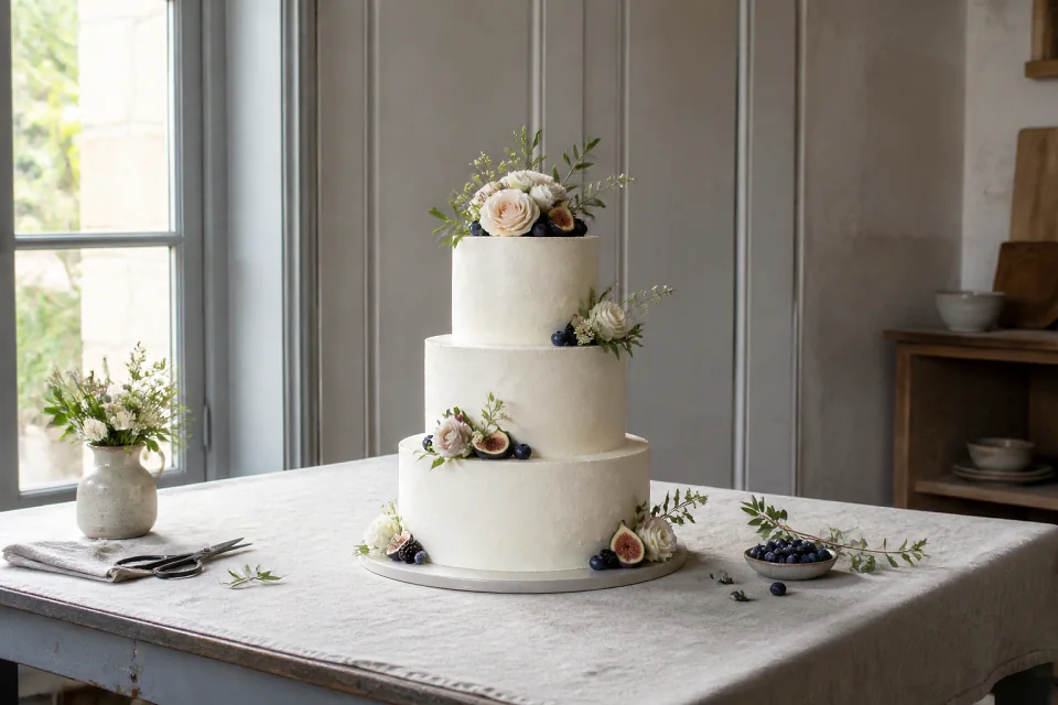 Gâteau de mariage préparé dans un atelier — illustration générée par IA