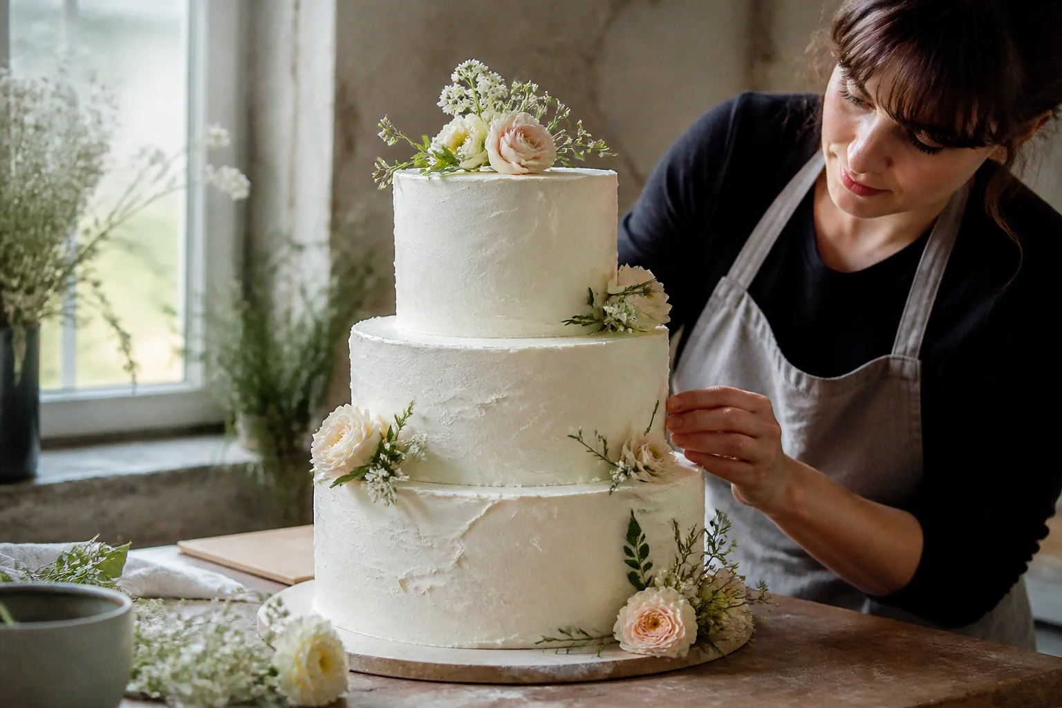 Gâteau de mariage préparé dans un atelier — illustration générée par IA