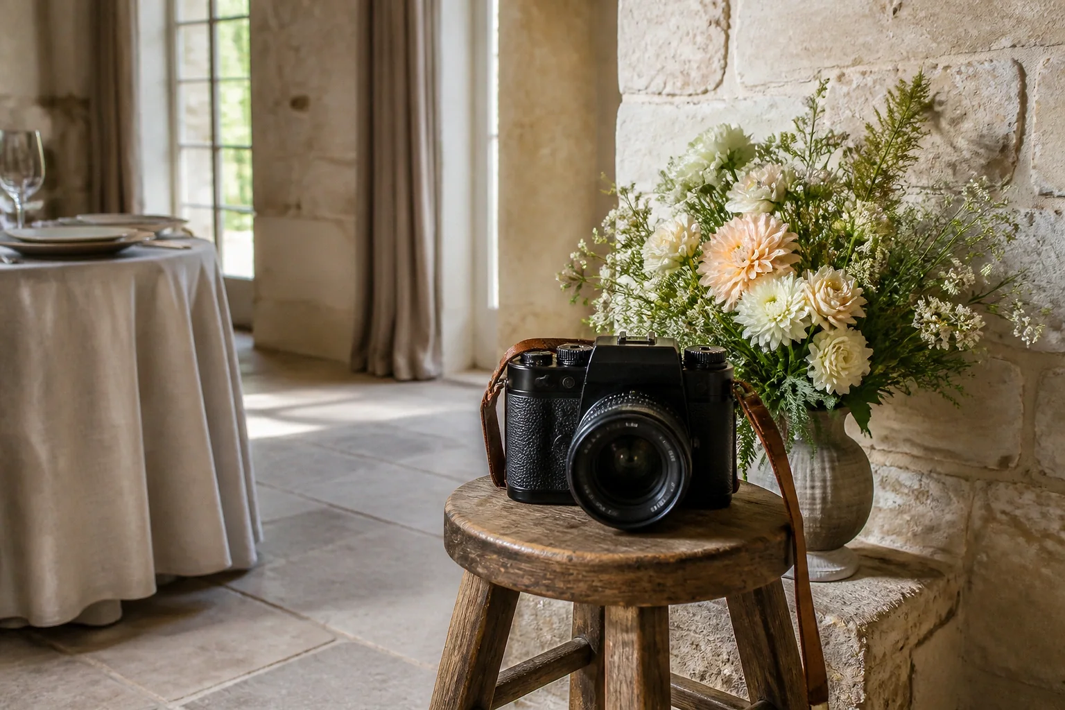 Appareil photo et accessoires de reportage de mariage — illustration générée par IA
