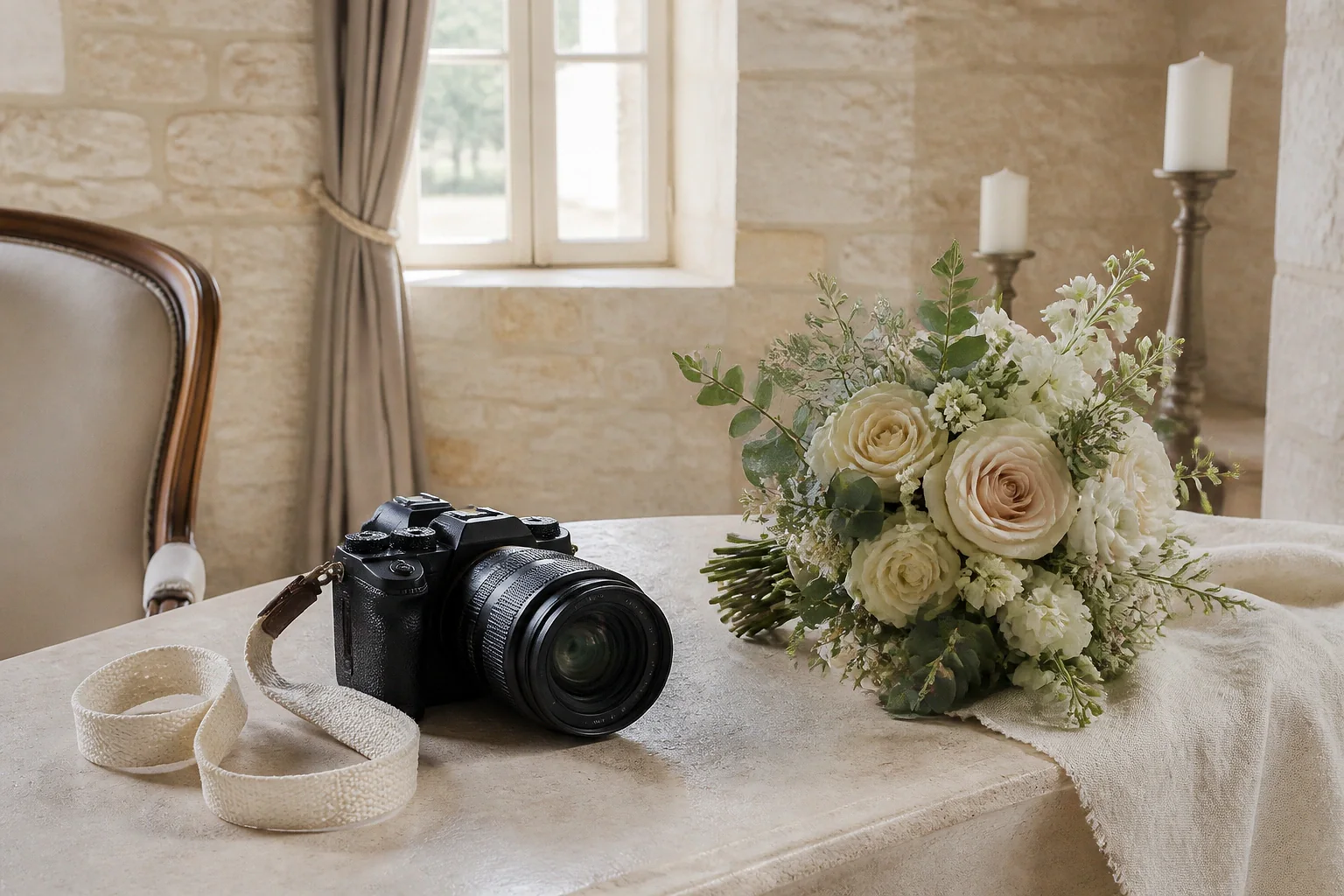 Appareil photo et accessoires de reportage de mariage — illustration générée par IA