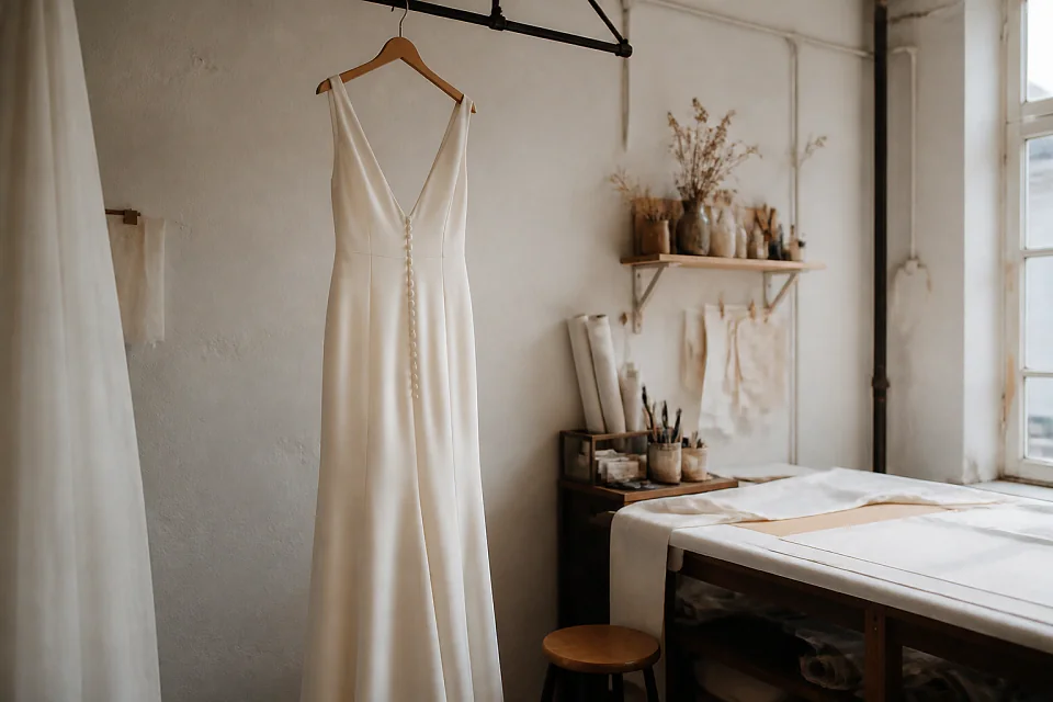Robe de mariée dans un atelier de confection — illustration générée par IA