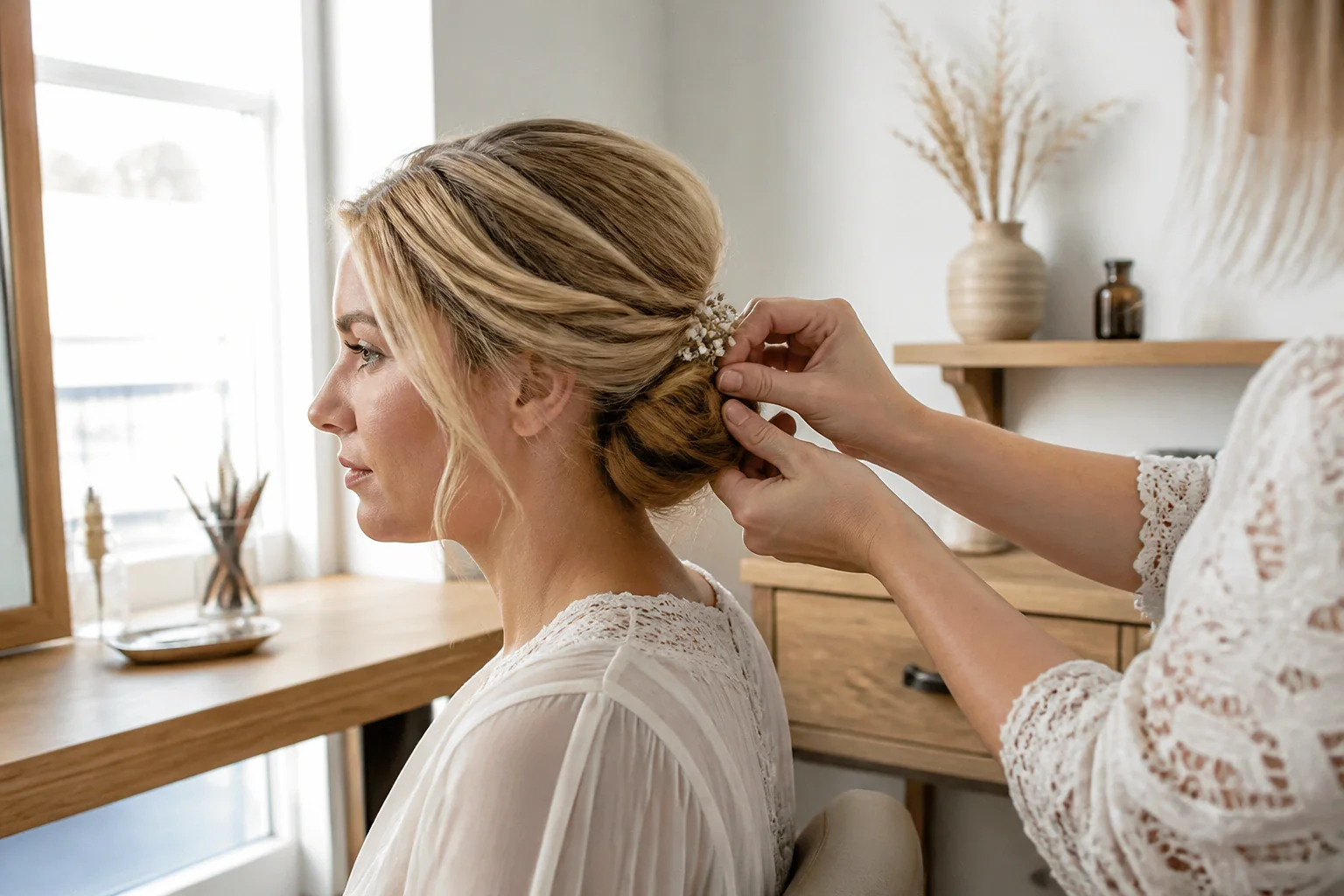 Coiffure de cérémonie vue pendant la préparation — illustration générée par IA