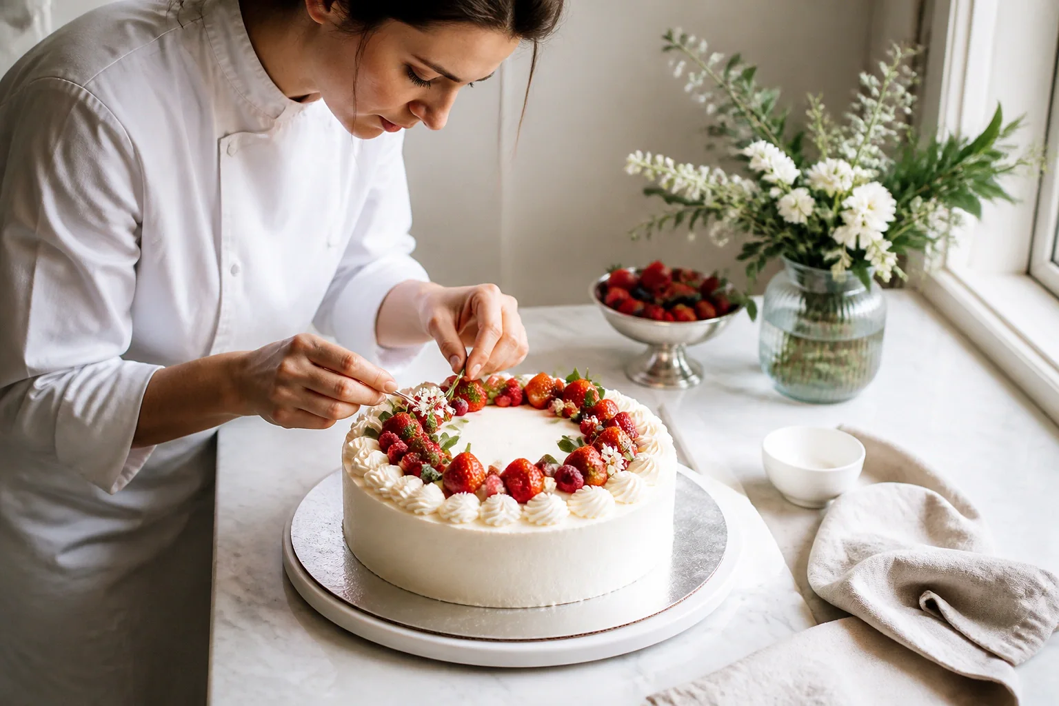 Gâteau de mariage préparé dans un atelier — illustration générée par IA