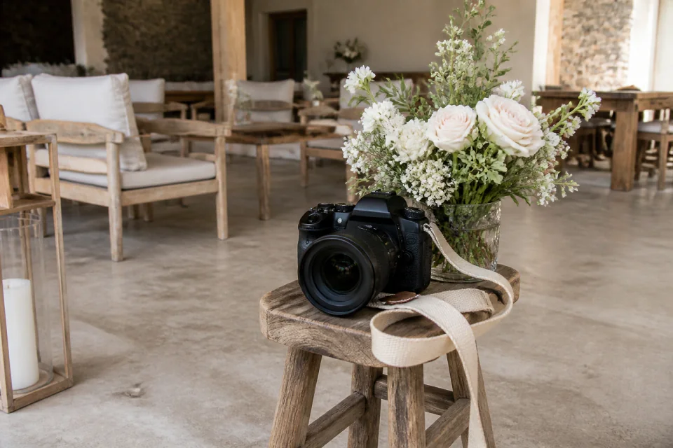 Appareil photo et accessoires de reportage de mariage — illustration générée par IA