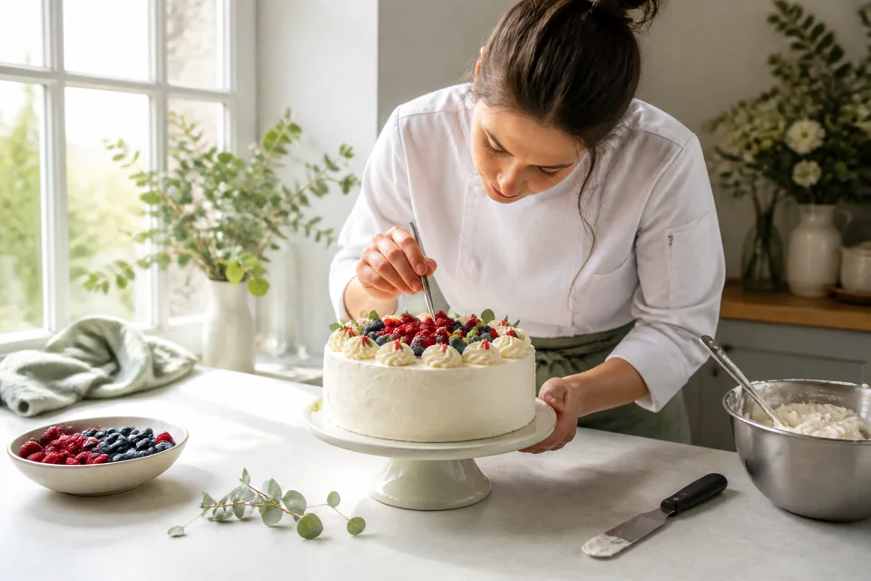 Gâteau de mariage préparé dans un atelier — illustration générée par IA